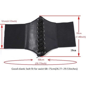 Black vintage elastic corset belt with PU leather lace-up detail and size dimensions