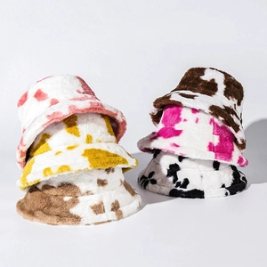 Winter Plush Cow Print Bucket Hat For Women Warm Faux Fur Fisherman Hat Korean Style Outdoor Windproof Basin Hat