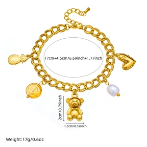 Bracelet double chaîne doré en acier inoxydable avec pendentifs ours, ananas et cœur