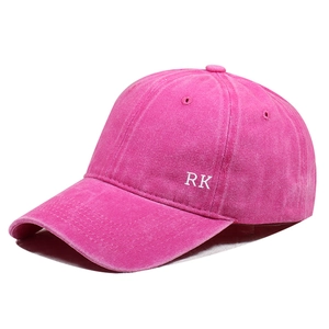 Bright pink washed cotton baseball cap with RK side embroidery and vintage finish