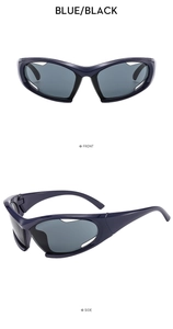 Front and side views of futuristic blue and black wrap-around y2k sports sunglasses