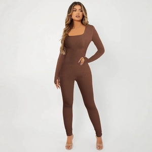 Slim fit brown long sleeve square neck ribbed yoga jumpsuit for women full body view