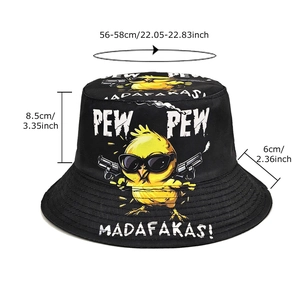Cartoon duck bucket hat in black cotton with pew pew print and size dimensions