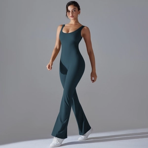 Women's backless flare yoga jumpsuit in dark blue-grey with high-elastic compression fabric