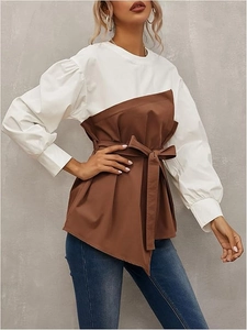 Elegant white and brown patchwork puff sleeve blouse with adjustable waist tie