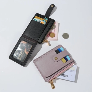 Slim PU leather card holder with multiple slots and zipper pocket in black and lavender