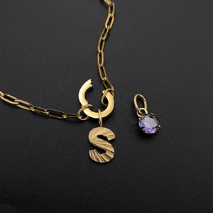Gold-plated titanium steel initial S necklace with a purple crystal pendant DIY set