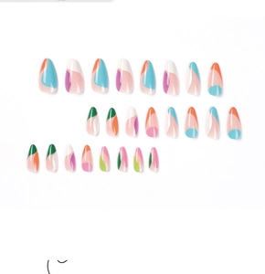 Detail of 24 pieces almond-shaped press-on nails with abstract colorful graffiti patterns