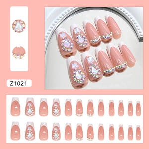 French tip press-on nails with sparkling rhinestones and 3D bows, 24-piece set