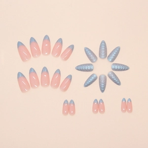 24pcs mermaid shell press-on nails with blue French tips and textured metallic finish