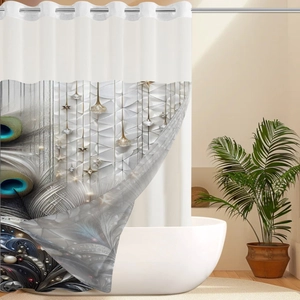 Detail of 3D peacock feather pattern and jewel motifs on waterproof shower curtain