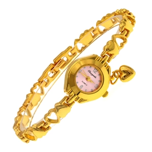 Detail of a gold heart charm bracelet watch with a pink dial and quartz movement