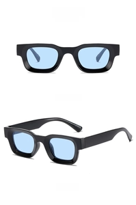 Front and 45-degree angle views of thick frame sunglasses with black frames and blue lenses