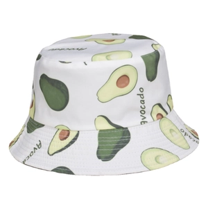 White bucket hat with green avocado prints and avocado lettering for sun protection