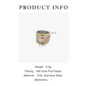 Detailed specs of 316L stainless steel tri-color ring with 18K gold PVD plating info