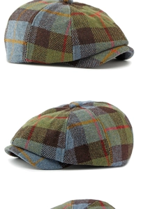 Detailed views of multi-color vintage plaid wool newsboy cap with octagonal panels