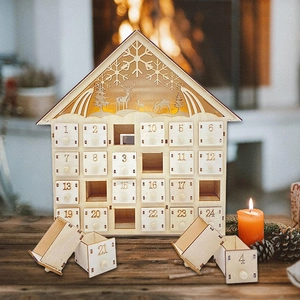 Wooden Christmas Advent Calendar LED Lights Countdown Drawers House Shape Desktop Ornament Festive Holiday Home Decor