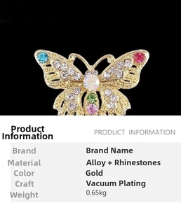 Macro shot of colorful rhinestone butterfly brooch with golden alloy plating and detailed gems