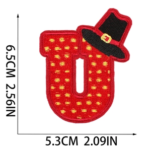 Detailed measurement view of letter U embroidery patch with pilgrim hat 6.5cm x 5.3cm