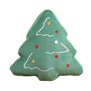 Cuscino peluche albero di Natale in velluto verde con ricami colorati decorativi