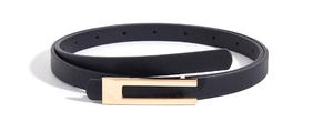 Detail view of a slim black leather belt with a polished gold rectangular buckle
