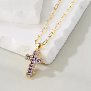 18K gold plated paperclip chain necklace with a purple zircon cross pendant for women