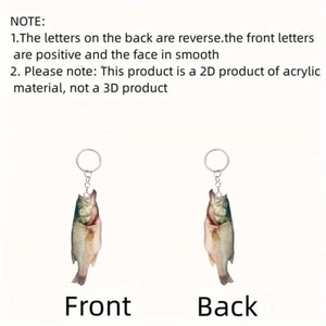 Dettaglio fronte e retro del portachiavi a forma di pesce persico in acrilico 2D