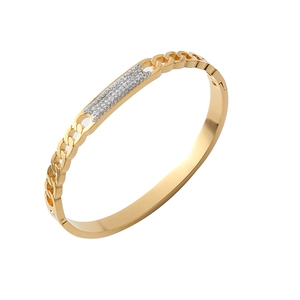 Gold hollow watch-band style bracelet with inlaid diamonds and polished finish