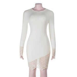 Elegant off-white knit mini dress with lace long sleeves and bodycon fit for women