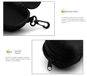 Detailed view of black oval eyewear case featuring sturdy hook and smooth metal zipper