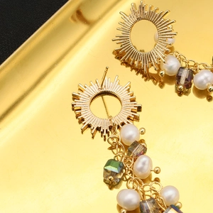 Elegant 18k gold plated long earrings with freshwater pearls and colorful crystals