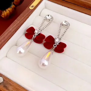 Bow Artificial Pearl Dangle Earrings With Silver Earring Post Alloy Rhinestone Velvet French Vintage Elegant Jewelry For Women