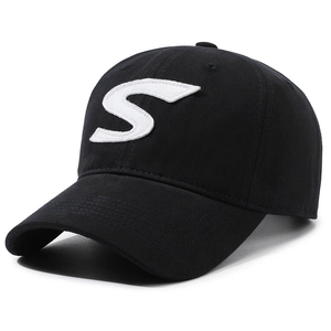 Klassieke zwarte katoenen baseballpet met wit 3D geborduurd S-logo voor heren en dames