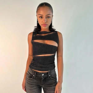 Sexy black denim cutout crop top vest for women with stylish diagonal open details