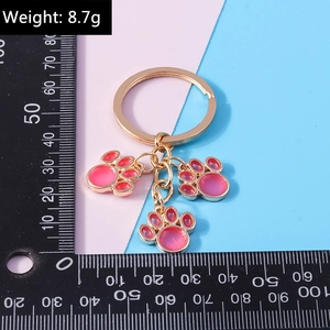 Detail showing pink paw print keychains with a ruler indicating size and scale