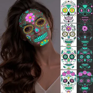 Halloween Day Of The Dead Face Tattoo Stickers Glow In The Dark Waterproof Fluorescent Sugar Skull Temporary For Party
