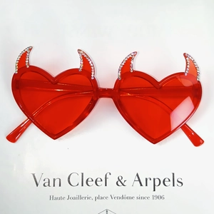 Red heart-shaped devil horn sunglasses with rhinestones for party and festival decor