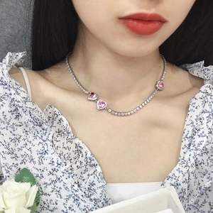 Elegant silver choker with pink heart-shaped zircons and micro-pave crystals for women