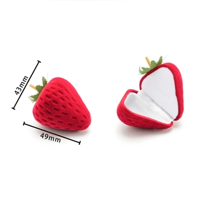 Detailed view of red strawberry velvet ring box with dimensions 49mm length and 43mm height