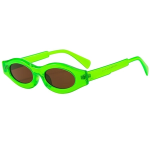 Neon green oval sunglasses with thick frames and dark lenses in a 45-degree view