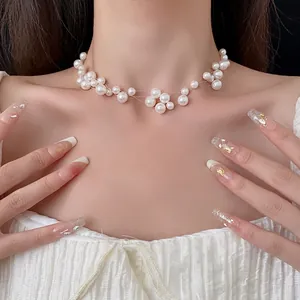 Elegant multi-layered pearl choker necklace with floating illusion design for women