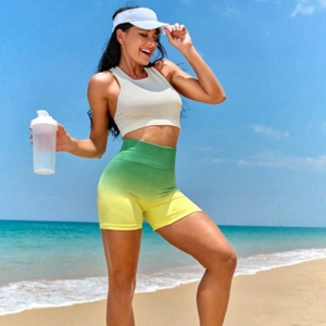 Women's green and yellow gradient high waist yoga shorts and white ribbed crop top