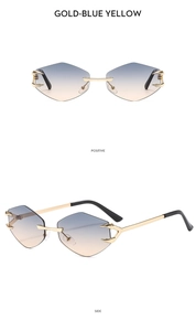 Detail view of rimless diamond cut sunglasses with blue-yellow gradient lenses and gold frame