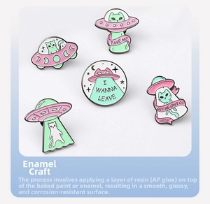 Close-up of five cartoon cat UFO enamel pins with smooth resin finish on white background