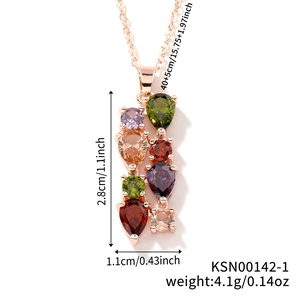 Detailed view of rose gold necklace with colored gemstones and size specifications