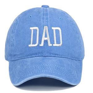 Detail of sky blue washed cotton dad hat featuring white DAD embroidery on the front