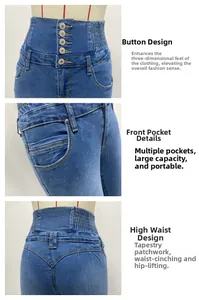 Détails du jean taille haute avec braguette boutonnée et couture pour effet push-up