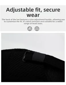 Detail of adjustable strap and plastic buckle on black wool baseball cap for seniors
