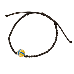 Detail of adjustable black braided volleyball friendship bracelet with blue and yellow bead