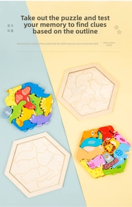 Detail of wooden hexagonal puzzle with animal patterns for children's memory training